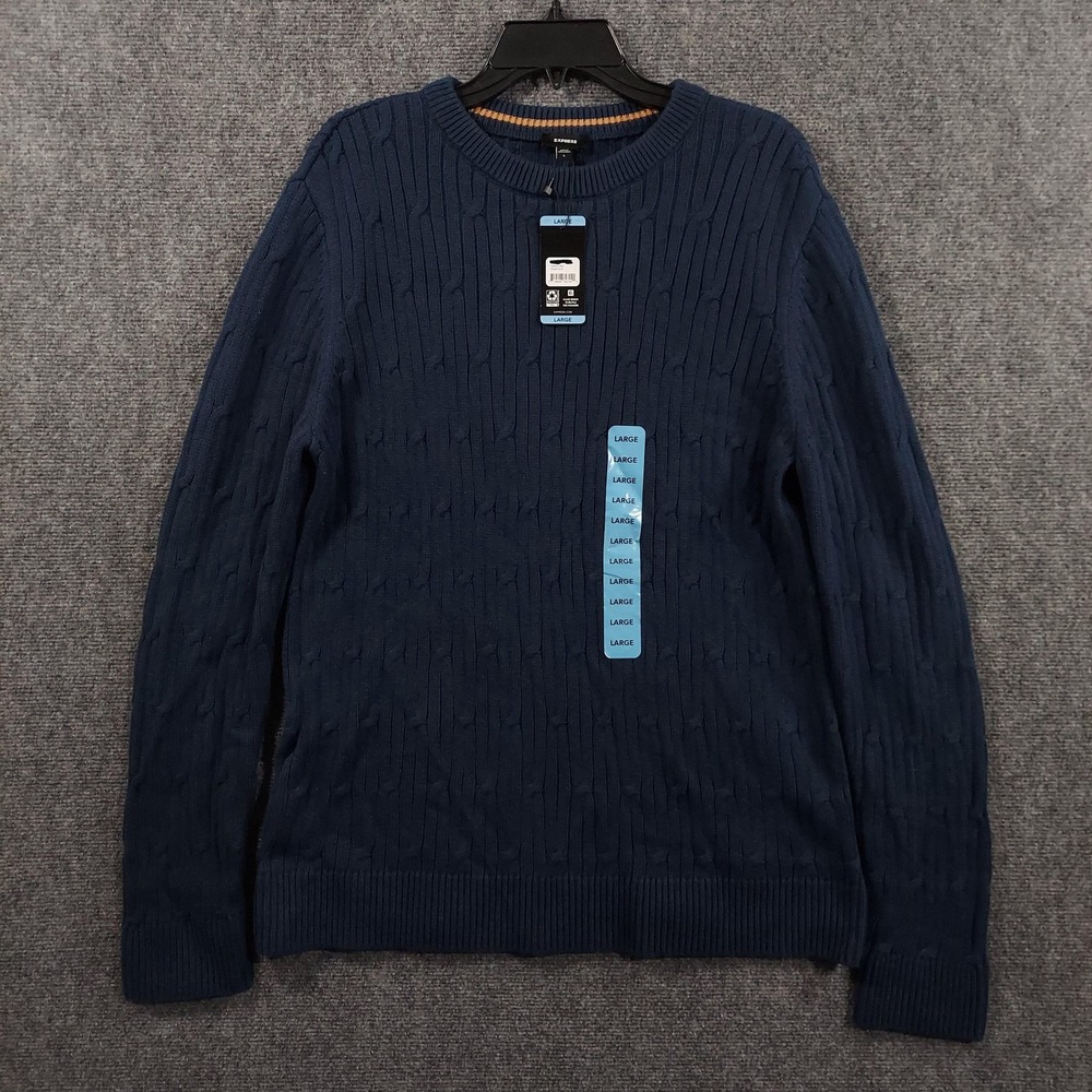 Express Sweater Mens Large Blue 100% Cotton Cable Knit Crewneck Pullover Winter‎